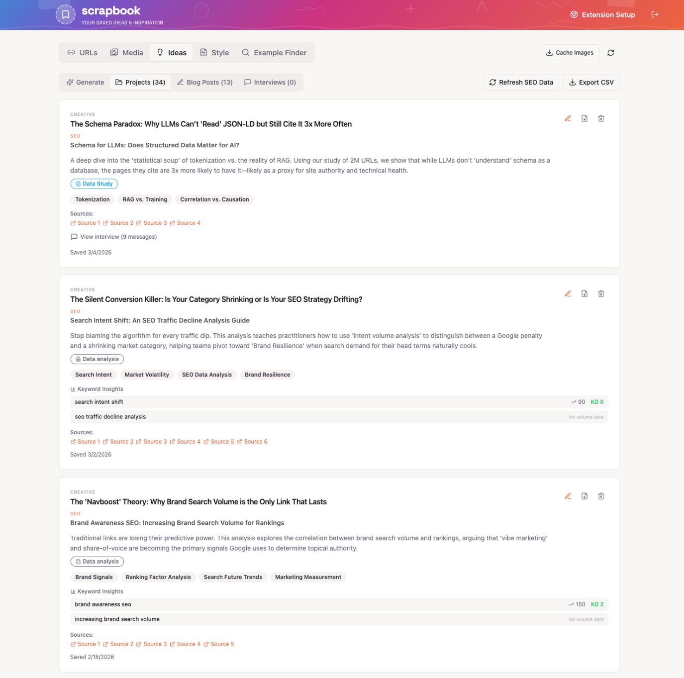 ڈیجیٹل سکریپ بک انٹرفیس مواد کو فلٹر کرنے، ترمیم کرنے اور برآمد کرنے کے اختیارات کے ساتھ آپ کے محفوظ کردہ آئیڈیاز کو موضوع کے لحاظ سے ترتیب دیتا ہے۔