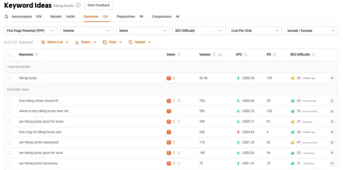 SEO کے لیے کلیدی الفاظ کی تحقیق کیسے کریں۔ 14 Ubersuggest مطلوبہ الفاظ کے سوالات فلٹر ہائیکنگ بوٹس۔