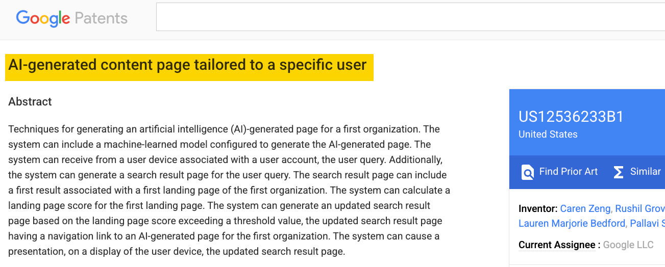 کیا AI مواد SEO کے لیے برا ہے؟ نہیں، آپ یقینی طور پر نہیں کریں گے (7 وجوہات کیوں) 11 گوگل پیٹنٹ صفحہ کا اسکرین شاٹ برائے: