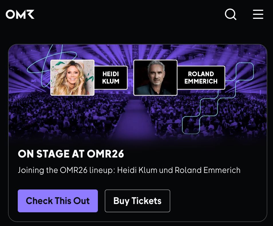 OMR26 پروموشنل تصویر اور متن جس میں Heidi Klum اور Roland Emmerich شامل ہیں۔ 