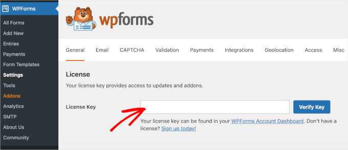 wpadminarea-wpforms-settings-license-key WPForms لائسنس کلیدی فیلڈ