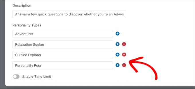 شخصیت کی اقسام کو شامل کرنے اور ہٹانے کے لیے بٹن شخصیت کی اقسام کو شامل کرنے اور ہٹانے کے لیے بٹن