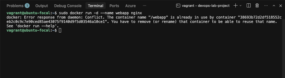 کنٹینر کا نام تنازعہ ٹرمینل ایرر اسکرین شاٹ