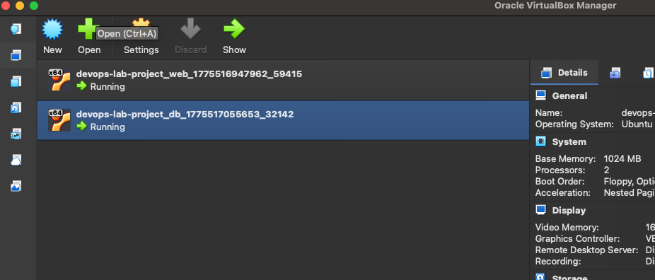 اسکرین شاٹ دو ورچوئل باکس سرور دکھا رہا ہے۔ 