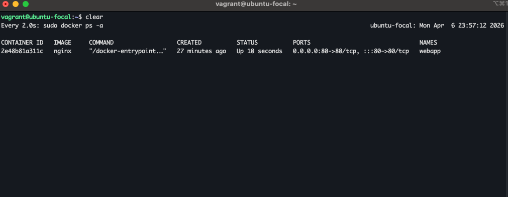 ٹرمینل چلانے والی واچ ڈوکر PS آٹو ری اسٹارٹ کے بعد 10 سیکنڈ کے لیے ویب ایپ کنٹینر کی حیثیت دکھا رہی ہے۔