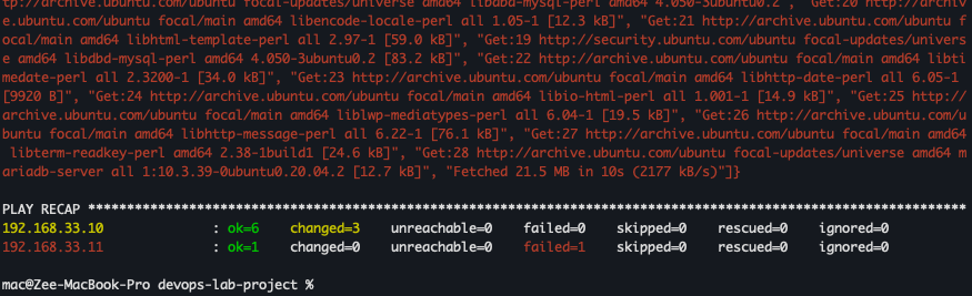 ہر کام کے آگے سبز چیک یا ٹرمینل کے پیلے رنگ کے اسکرین شاٹ کا مطلب ہے کہ کام مکمل ہو گیا ہے۔ سرخ مہلک کا مطلب ہے کچھ ناکام۔