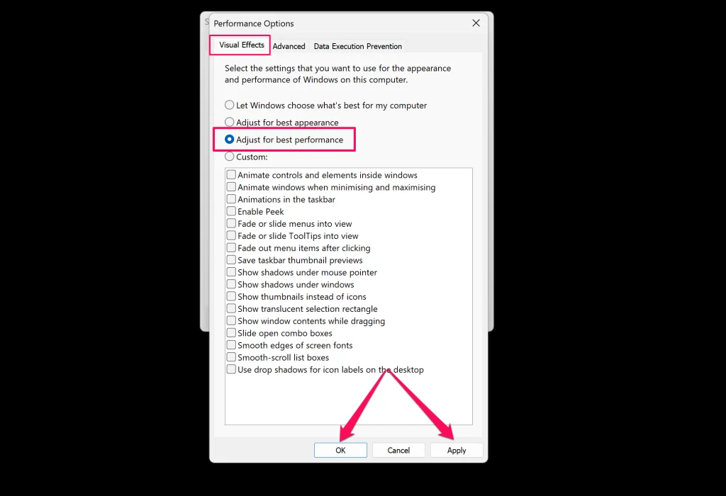 ونڈوز میں بہترین کارکردگی کے لیے بصری اثرات کو ایڈجسٹ کرنے کے اقدامات