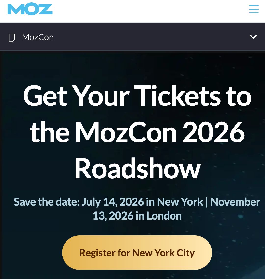 MozCon 2026 روڈ شو پروموشن بینر۔ متن: 