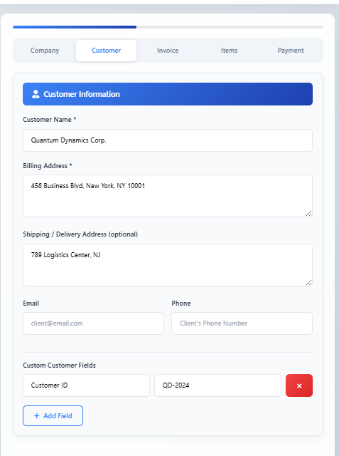 جاوا اسکرپٹ کا استعمال کرتے ہوئے اپنے براؤزر میں پی ڈی ایف فائل کیسے بنائیں (حقیقی زندگی کی رسید کی مثال کے ساتھ) 1 کسٹمر کی معلومات کا سیکشن جس میں گاہک کا نام، بلنگ ایڈریس، شپنگ ایڈریس اور رابطے کی تفصیلات والے فیلڈز ہیں۔