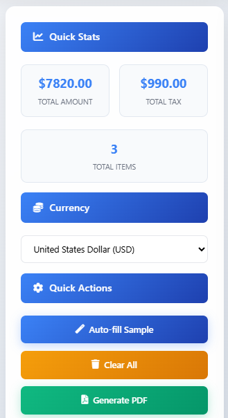 جاوا اسکرپٹ کا استعمال کرتے ہوئے اپنے براؤزر میں پی ڈی ایف فائل کیسے بنائیں (حقیقی زندگی کی رسید کی مثال کے ساتھ) 6 کل رقم، کل ٹیکس اور پی ڈی ایف تخلیق بٹن دکھانے کے لیے فوری اعدادوشمار اور ایکشن بٹن