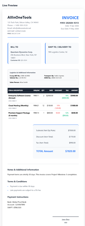 جاوا اسکرپٹ کا استعمال کرتے ہوئے اپنے براؤزر میں پی ڈی ایف فائل کیسے بنائیں (حقیقی زندگی کی رسید کی مثال کے ساتھ) 5 ریئل ٹائم انوائس کا پیش نظارہ کمپنی کی تفصیلات، کسٹمر کی معلومات، لائن آئٹم ٹیبل، ٹوٹل اور حتمی انوائس لے آؤٹ دکھا رہا ہے