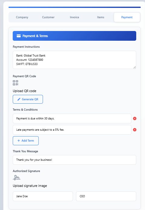 جاوا اسکرپٹ کا استعمال کرتے ہوئے اپنے براؤزر میں پی ڈی ایف فائل کیسے بنائیں (حقیقی زندگی کی رسید کی مثال کے ساتھ) 4 ادائیگی اور شرائط کا سیکشن ادائیگی کی ہدایات، QR کوڈ کے اختیارات، شرائط و ضوابط، اور دستخطی فیلڈز دکھا رہا ہے۔