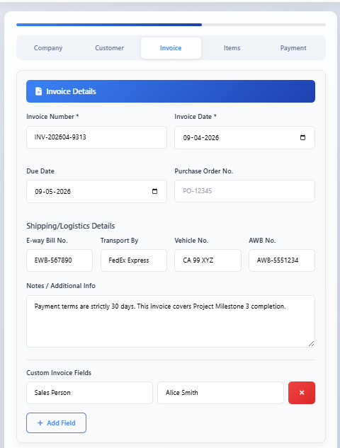 جاوا اسکرپٹ کا استعمال کرتے ہوئے اپنے براؤزر میں پی ڈی ایف فائل کیسے بنائیں (حقیقی زندگی کی رسید کی مثال کے ساتھ) 2 انوائس کی تفصیلات کا فارم جس میں انوائس نمبر، انوائس کی تاریخ، مقررہ تاریخ اور اضافی نوٹ کی فیلڈز دکھائی جاتی ہیں۔
