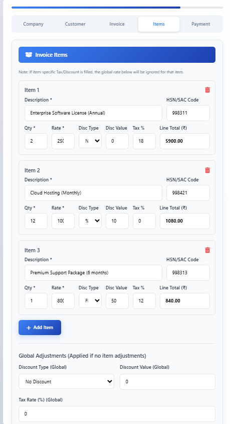 جاوا اسکرپٹ کا استعمال کرتے ہوئے اپنے براؤزر میں پی ڈی ایف فائل کیسے بنائیں (حقیقی زندگی کی رسید کی مثال کے ساتھ) 3 انوائس آئٹم سیکشن جس میں متعدد لائن آئٹم، مقدار، شرح، ٹیکس، ڈسکاؤنٹ، اور کل کیلکولیشن فیلڈز ہیں