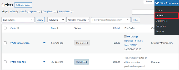 WooCommerce آرڈرز صفحہ پر YITH کے پری آرڈرز دیکھیں WooCommerce آرڈرز صفحہ پر YITH کے پری آرڈرز دیکھیں