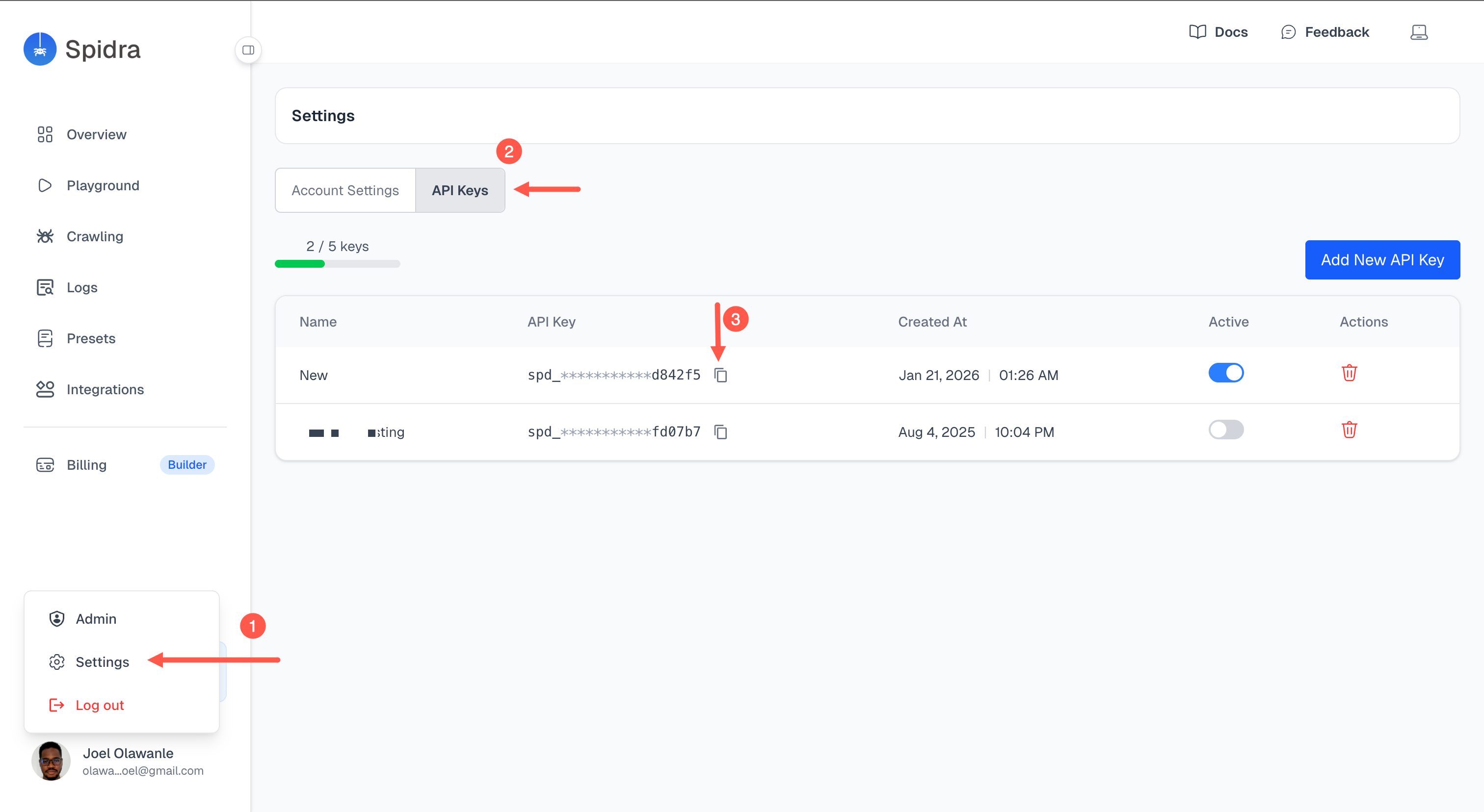 Spidra API کلید حاصل کریں۔