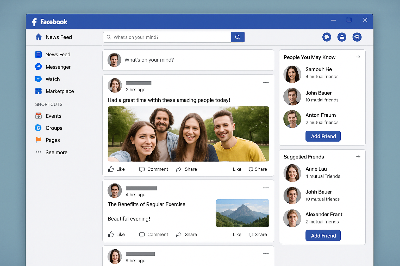 فیس بک نیوز فیڈ اصلی نام، مشترکہ دوست، اور الگورتھمک مواد دکھا رہی ہے۔