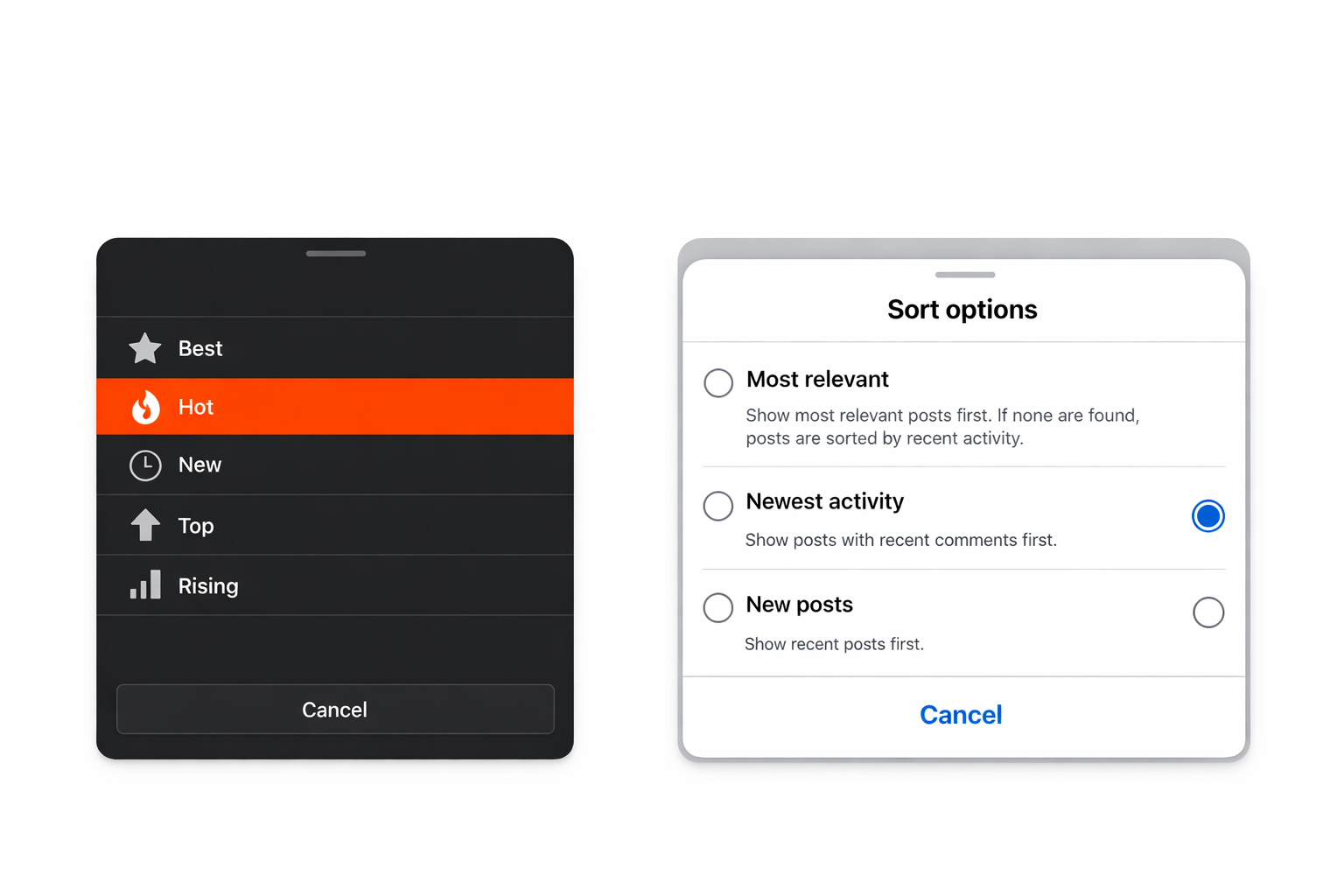 Reddit فیڈ چھانٹنے کے اختیارات Facebook الگورتھمک فیڈ سیٹنگز UI کے ساتھ دکھائے جاتے ہیں۔