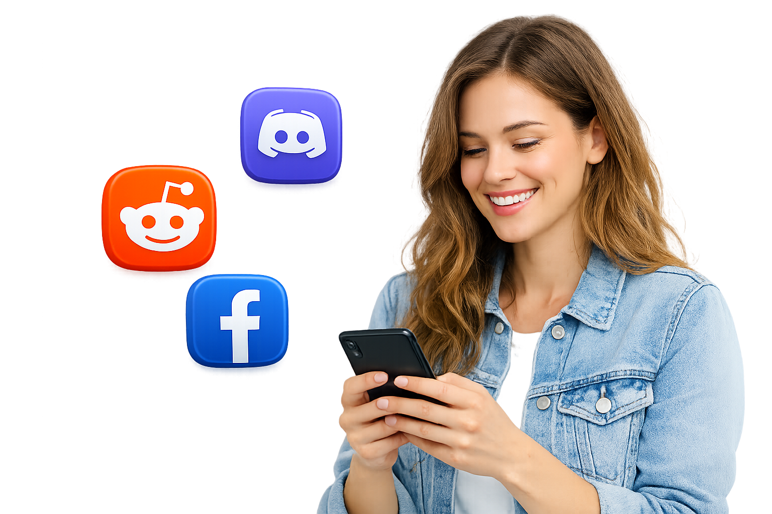 اسمارٹ فون اسکرین پر Reddit، Discord، Facebook تلاش کرنے والا شخص