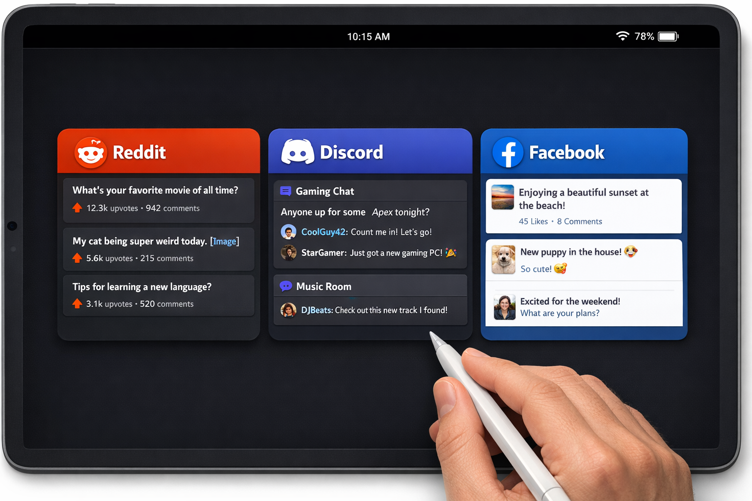 صارف ٹیبلٹ پر سوشل میڈیا پلیٹ فارم کے اختیارات کے ذریعے سکرول کر رہا ہے۔