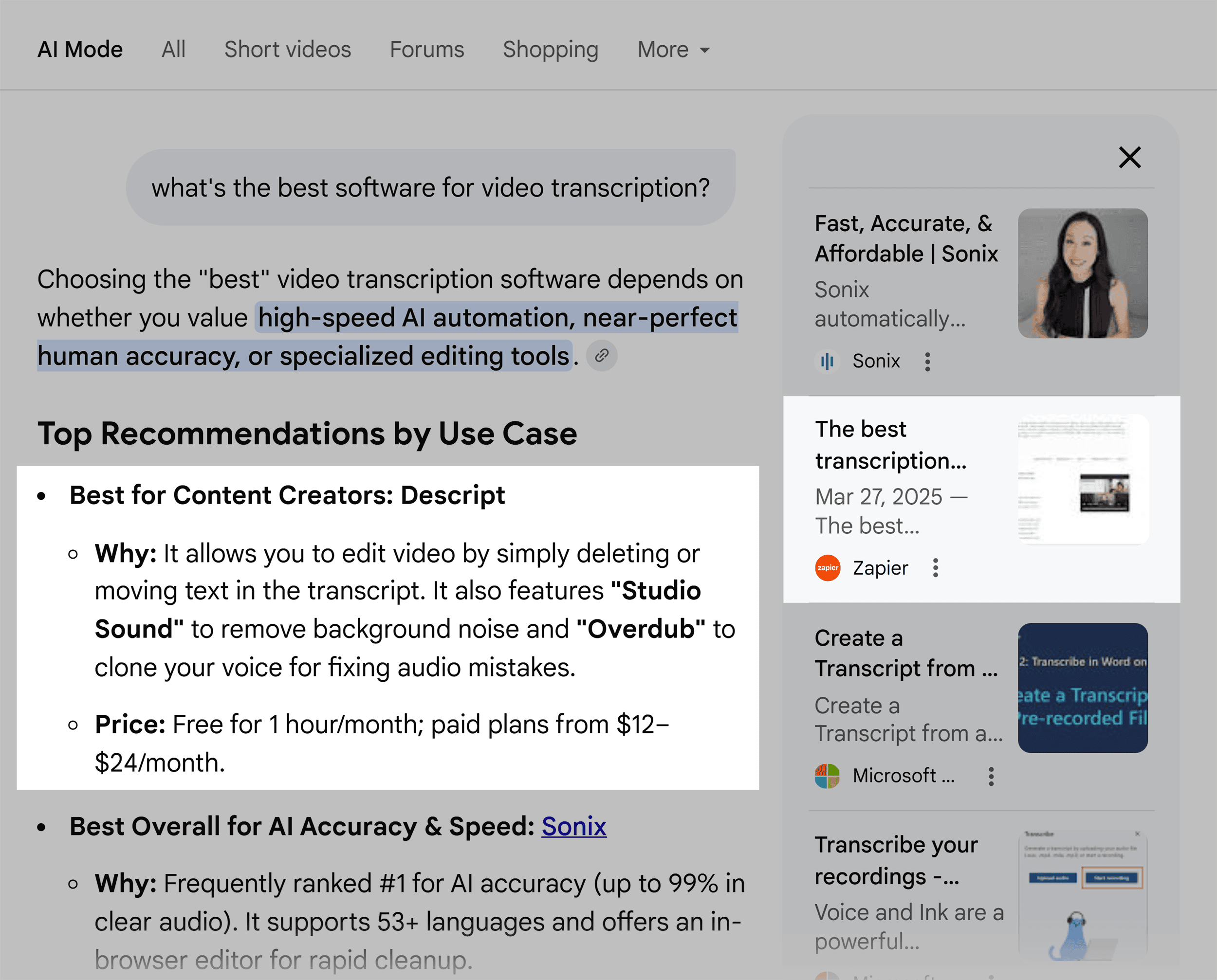 گوگل اے آئی موڈ – ویڈیو ٹرانسکرپشن کے لیے سافٹ ویئر