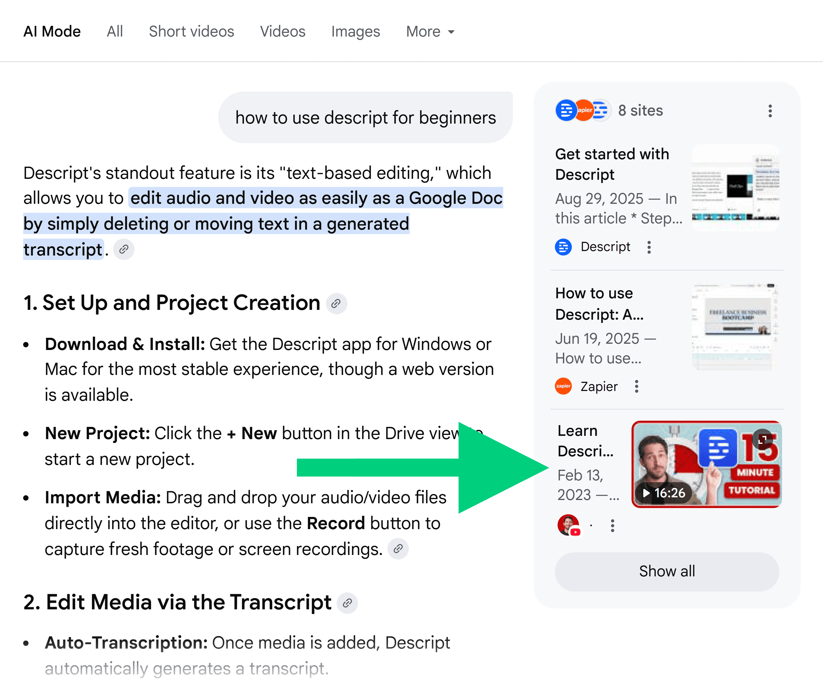گوگل اے آئی موڈ - ماخذ کے طور پر ویڈیو