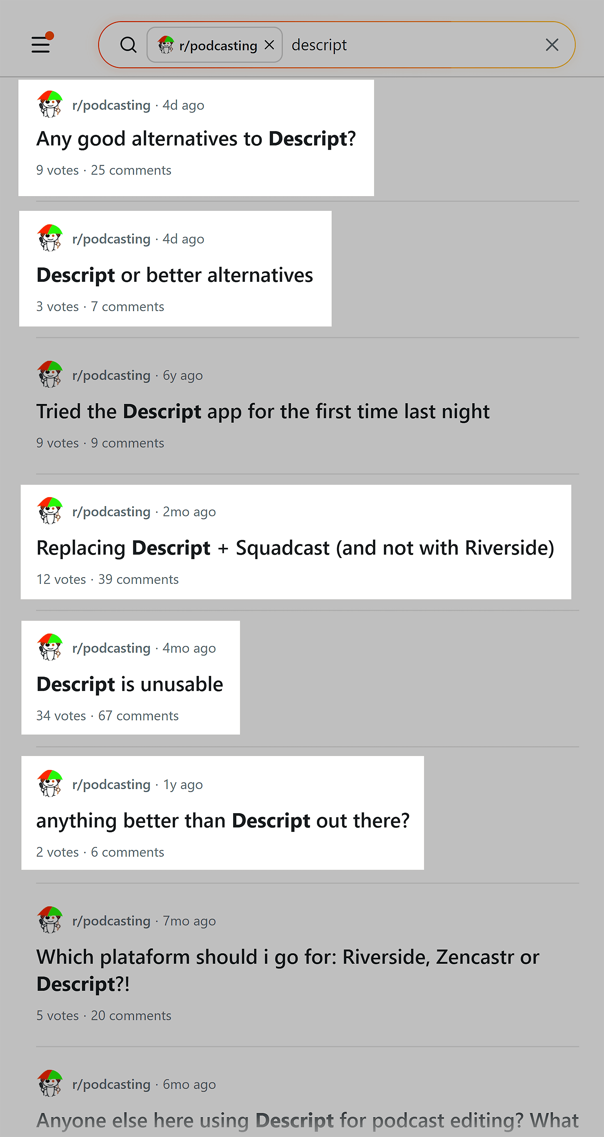 Reddit - r/podcasting - منفی تھریڈ