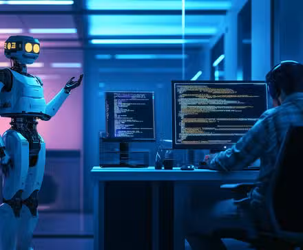 روبوٹ کمپیوٹر کے سامنے بیٹھے انسان کو کمپیوٹر کوڈ بتاتا ہے۔