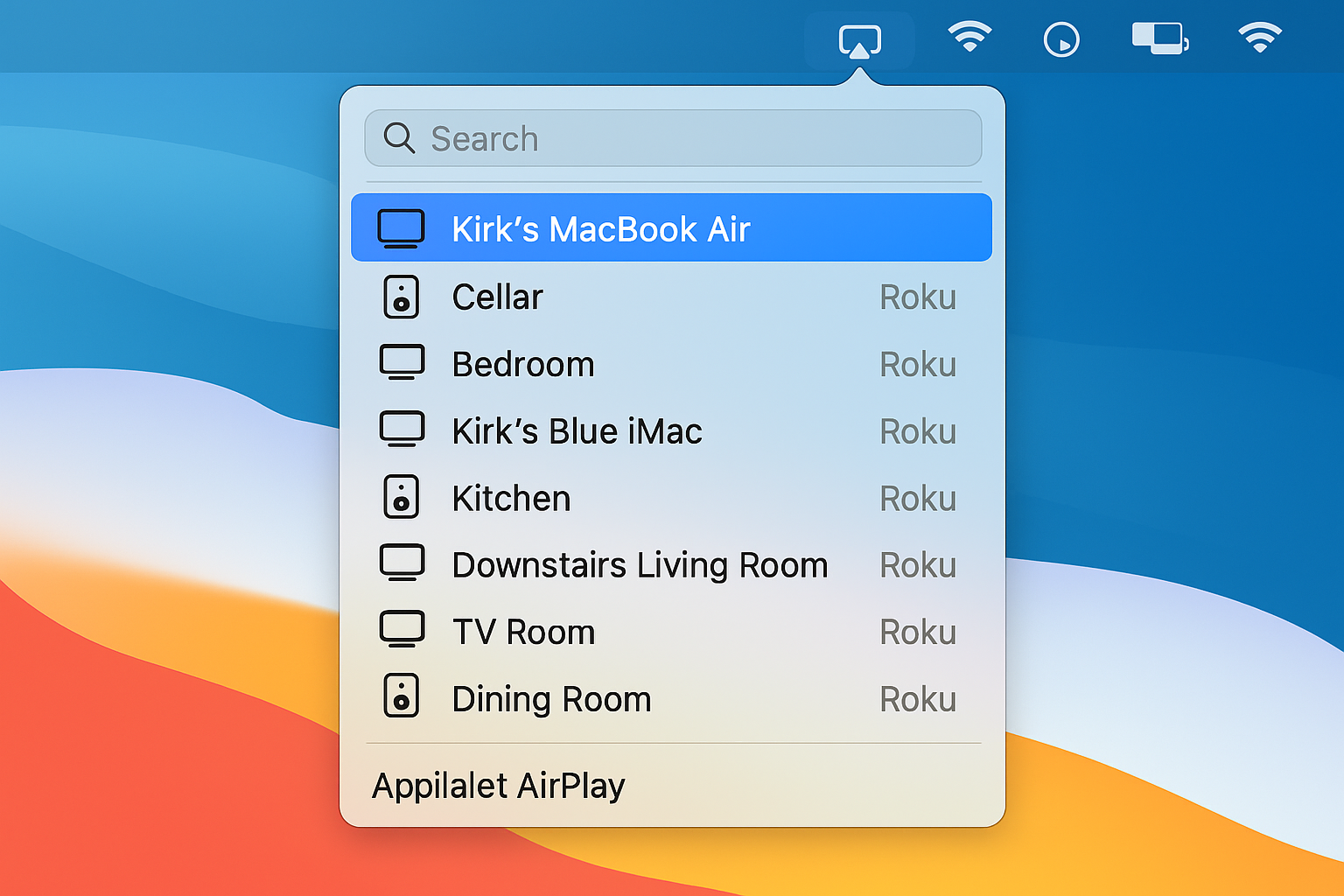 macOS AirPlay مینو کمرے کے ناموں کے ساتھ متعدد Roku ڈیوائسز دکھا رہا ہے۔