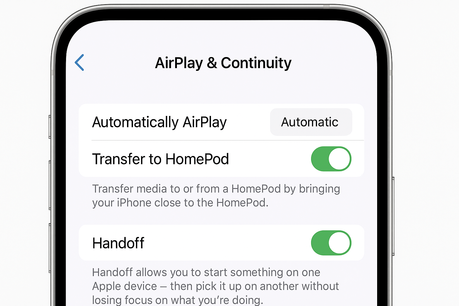 iOS کی ترتیبات آٹو کنیکٹ کی ترتیبات کے ساتھ AirPlay اور Handoff کے اختیارات دکھا رہی ہیں۔