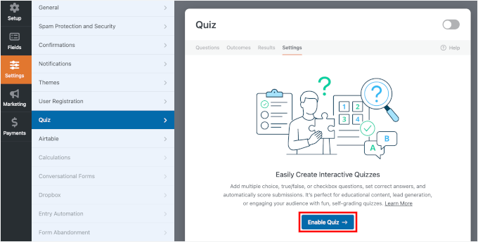 کوئز موڈ کو چالو کریں۔