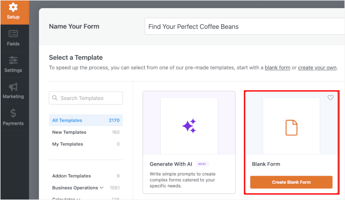 WPForms میں پروڈکٹ کوئز بنانے کے لیے خالی کینوس کا انتخاب کریں۔