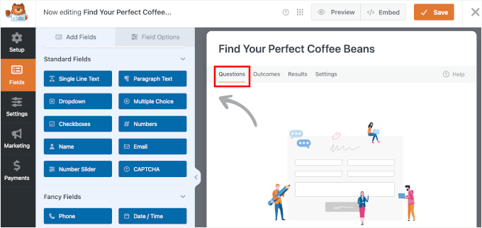 سوالات کے ٹیب پر جائیں۔