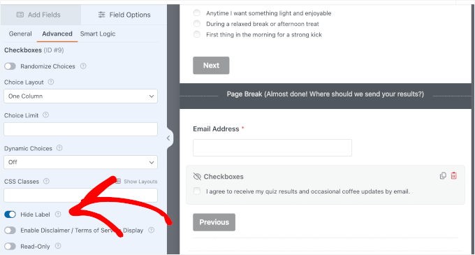 چیک باکس لیبل چھپائیں۔
