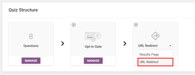 پروڈکٹ کوئز کے نتائج کے لیے یو آر ایل ری ڈائریکشن کو منتخب کریں۔