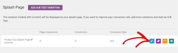 سپلیش صفحہ میں ترمیم کرنے کے لیے، پنسل آئیکن پر کلک کریں۔