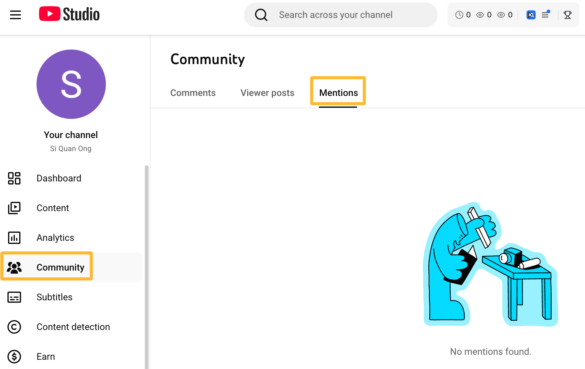 YouTube اسٹوڈیو کمیونٹی ٹیب دکھائیں۔ 