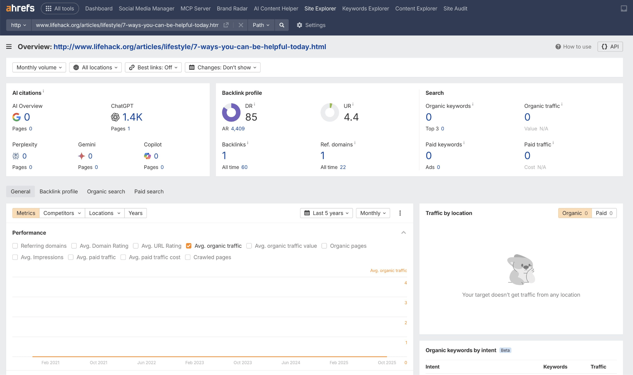 Ahrefs Site Explorer ڈیش بورڈ DR 85، UR 4.4 اور کم سے کم آرگینک ٹریفک کے ساتھ لائف ہیک آرٹیکلز کے لیے بیک لنک پروفائل اور ٹریفک میٹرکس دکھا رہا ہے۔