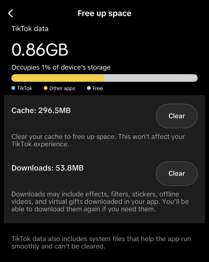 ایپ میں ٹکٹوک فری اسپیس مینو کا آپشن