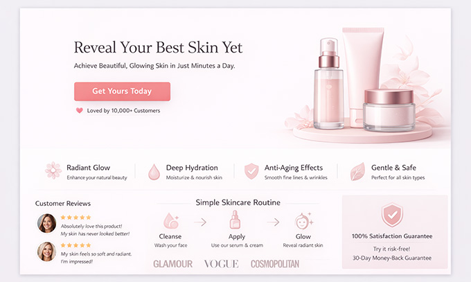 WooCommerce سیلز فنل کے لیے بنائے گئے لینڈنگ پیج کی مثال