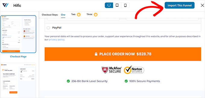 اس فنل کو درآمد کریں بٹن پر کلک کریں۔