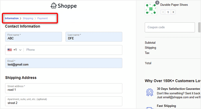 ادائیگی کے صفحہ پر پیشرفت کے اشارے کی مثال