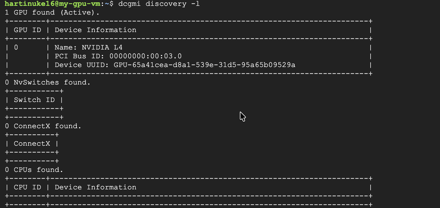 DCGMI دریافت -l کمانڈ کا آؤٹ پٹ آلہ کی معلومات دکھا رہا ہے۔