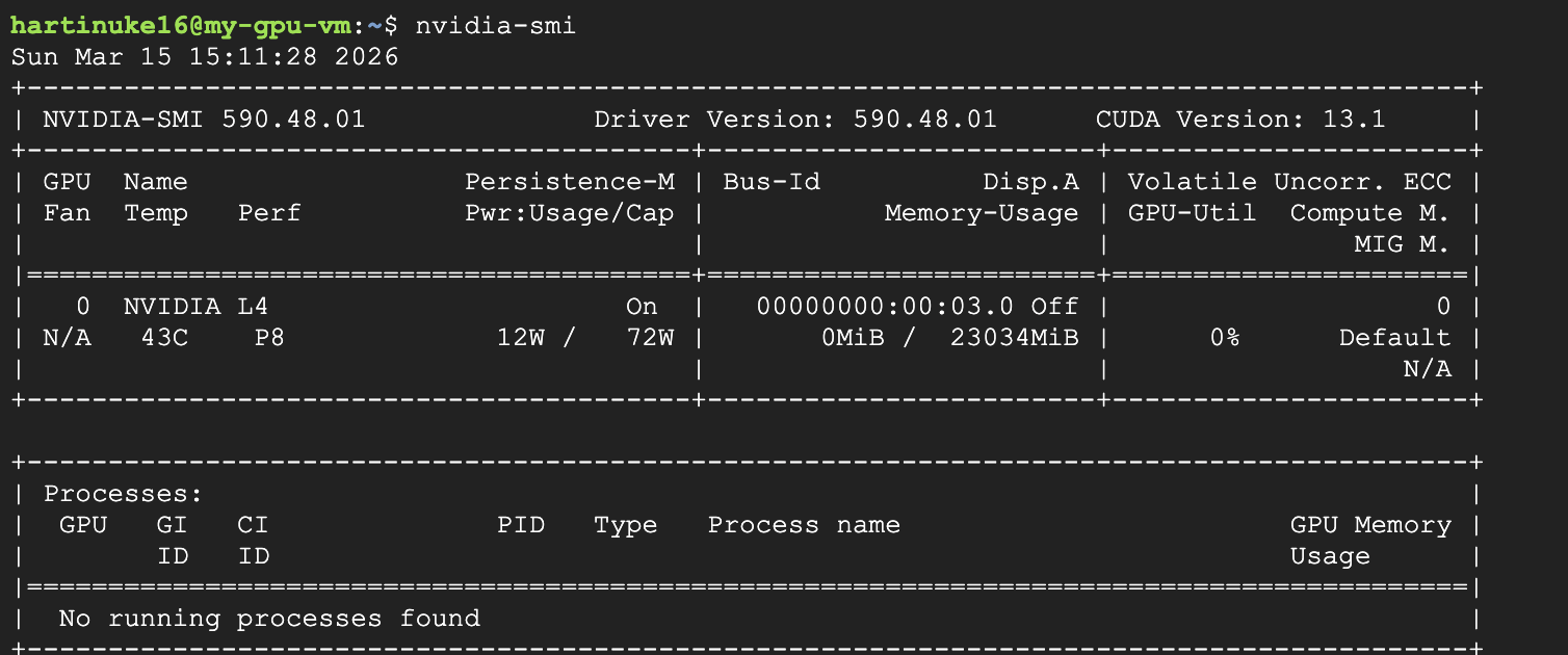 Nvidia-SMI کمانڈ کا آؤٹ پٹ ڈرائیور اور CUDA ورژن دکھا رہا ہے۔