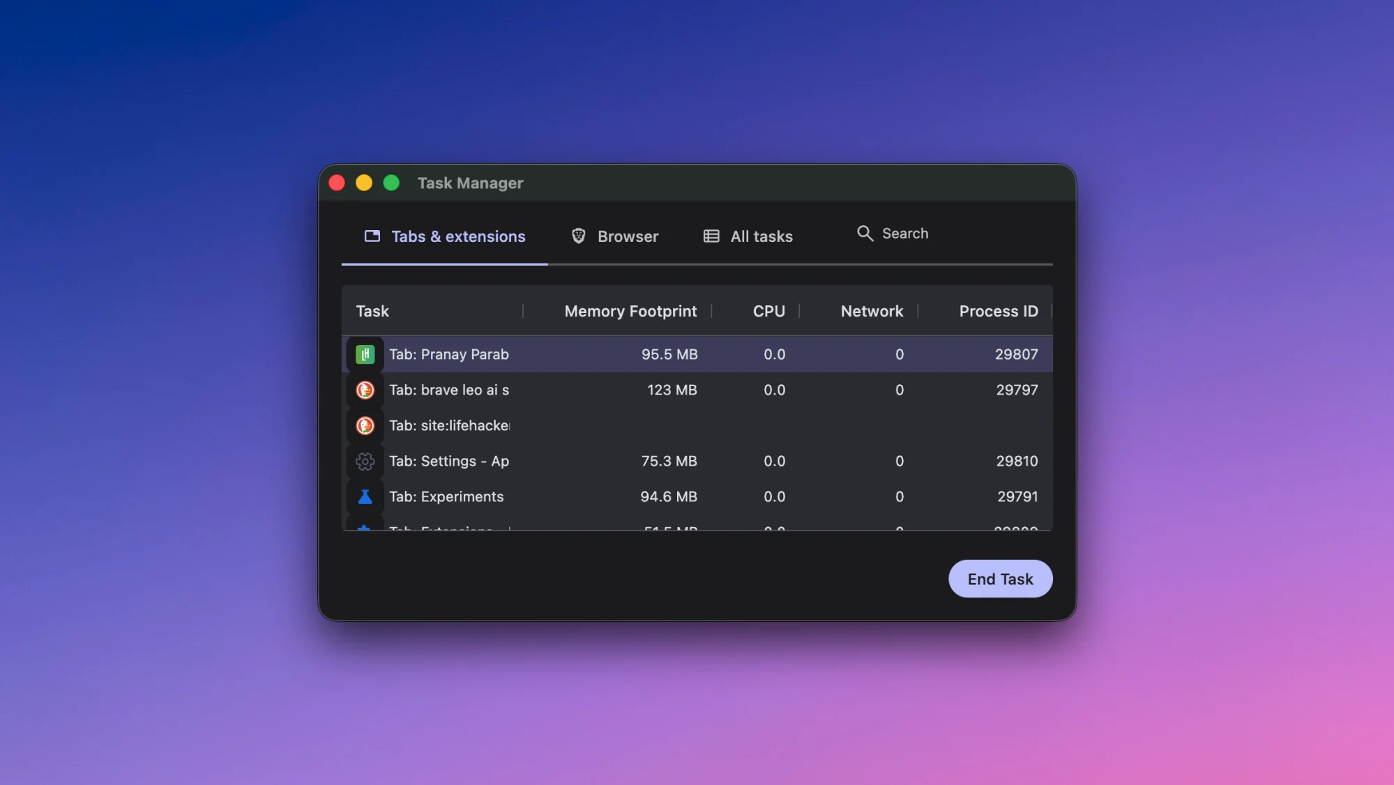 بہادر کا بلٹ ان ٹاسک مینیجر۔