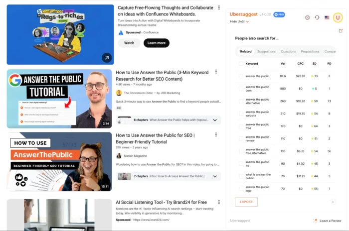 یوٹیوب پر Ubersuggest کروم ایکسٹینشن استعمال کریں۔