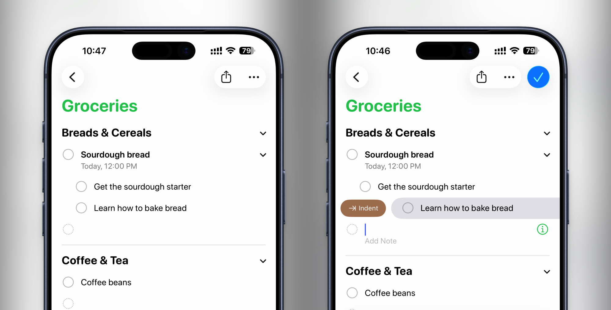 ریمائنڈرز ایپ میں ذیلی کام۔