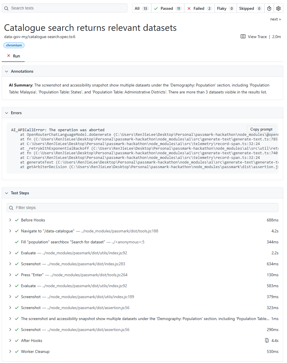 کیٹلاگ تلاش کی ناکامیوں کے لیے ڈرامہ نگار HTML رپورٹ کی تفصیلات۔ اس میں کلاڈ اور جیمنی کو ایک ہی دعوے پر مختلف فیصلے واپس کرتے ہوئے دکھایا گیا ہے، پاس مارک ثالثی ماڈل کی طرف بڑھ رہا ہے، اور ثالثی کال کو Cloudflare's 504 کے ذریعے روک دیا گیا ہے۔