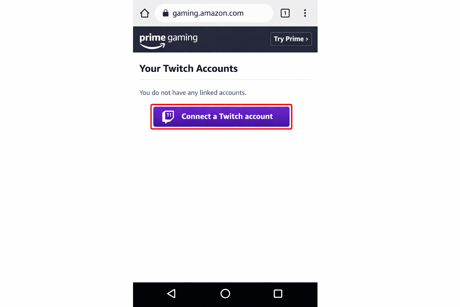 پرائم گیمنگ ڈیش بورڈ کنکشن مکمل ہونے سے پہلے Twitch اکاؤنٹ کنکشن بٹن یا پیغام دکھا رہا ہے۔