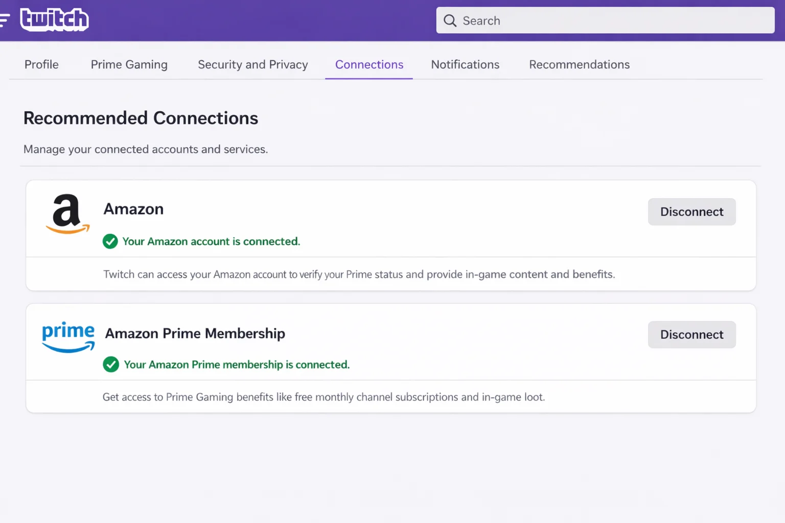 ٹویچ سیٹنگز کنکشنز پینل ایمیزون پرائم گیمنگ کو ایک منسلک اکاؤنٹ کے طور پر درج دکھا رہا ہے۔